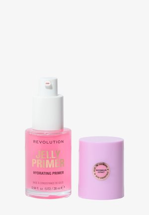 Jelly Primer in a clear pink bottle with a white pump, labeled "Revolution." Accompanied by a small lavender cap with a sticker detailing ingredients.