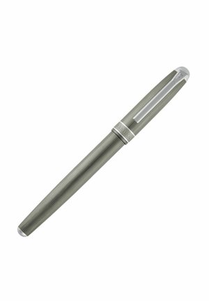 Sleek gray fountain pen with silver clip and band, featuring a brushed metal finish and smooth cylindrical shape.