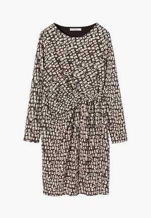 Bedrucktes Kleid in Dunkelbraun und Creme, lange Ärmel, tailliert mit Bindegürtel, mit geometrischem Muster und drapiertem Design.