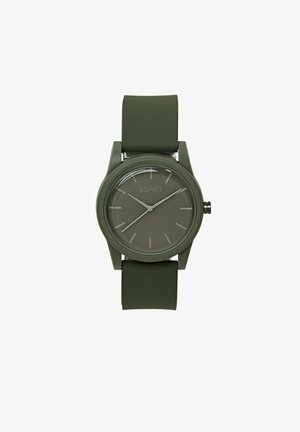 Grüne Silikonarmbanduhr mit einem runden, matten grünen Zifferblatt, das silberne Stundenmarkierungen und Zeiger aufweist. Das Display enthält eine kleine Krone an der Seite.