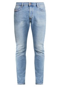 Ljusblå denimjeans med slim fit, med urtvättade områden, klassisk femficksdesign och knapstängning.