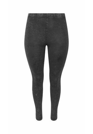 Czarne legginsy z wysokim stanem w stylu acid wash, o dopasowanym kroju i przeszywanym paskiem, prezentowane na białym tle.