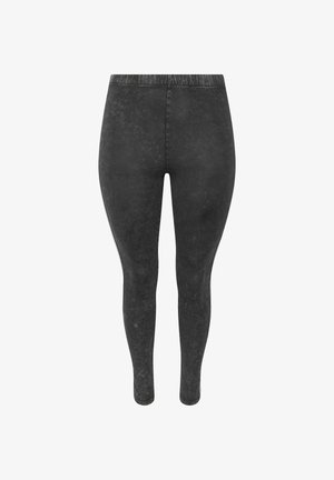 Leggings neri a vita alta effetto acid wash con silhouette aderente e fascia in vita cucita, mostrati su uno sfondo bianco.