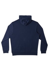Sweat-shirt à capuche bleu marine, manches longues, en coton, coutures plates, poignets et ourlet côtelés, texture lisse, sans logo ni embellissements visibles.