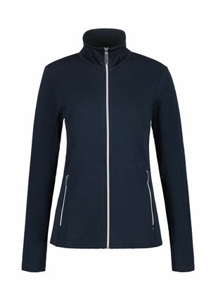 Marineblaue Jacke mit hohem Kragen, mit einem strukturierten Muster, durchgehendem Reißverschluss und zwei seitlichen Reißverschlusstaschen für zusätzliche Funktionalität.