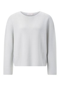 Light gray sweater, long sleeves, round neckline, textured knit fabric, relaxed fit, subtle ribbing at cuffs and hem.