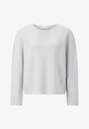 Hellgrauer Pullover, lange Ärmel, runder Ausschnitt, strukturiertes Strickmaterial, lockere Passform, dezente Rippenstruktur an den Manschetten und am Saum.