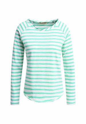 Long-sleeve T-shirt in mint green with white stripes. Round neckline, soft fabric, curved hem, relaxed fit, and raglan sleeve design.