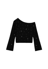 Top negro recortado con una manga caída en un hombro. Hecho de tela brillante, adornado con lentejuelas plateadas dispersas por toda la superficie.