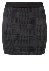 Jupe mini noire avec un design texturé, un motif à carreaux et une taille noire unie.