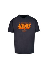 Black short-sleeve t-shirt featuring orange "ALWAYS Running Club" text and additional graphic elements. Loose fit and soft fabric.