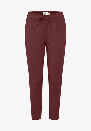 Burgundski joggeri z elastičnim pasom, dvema stranskima žepoma, zoženimi nogami in gladko teksturo. Zasnovani za udobje in sproščeno nošenje.
