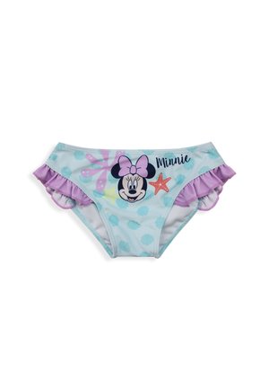 Costume da bagno in azzurro chiaro con motivo a conchiglie, caratterizzato da un grafico di Minnie Mouse, volant viola in vita e dettagli a stella di mare.