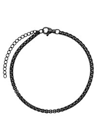 Bracciale a catena nera con anelli intrecciati, superficie liscia, dotato di chiusura a moschettone e catena regolabile.