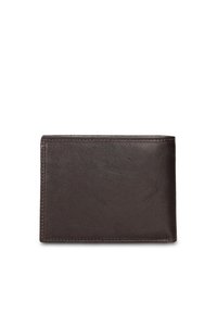 Donkere bruine leren portemonnee met een gladde textuur, rechthoekige vorm en gestikte randen. Voorkant heeft een minimalistisch ontwerp zonder versieringen.