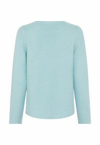 Hellblau gestrickter Pullover mit langen Ärmeln, rundem Halsausschnitt und strukturiertem Oberflächen. Keine zusätzlichen Details oder Muster vorhanden.