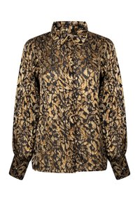 Kraagloze, langharige shirt in zwart met een gouden en beige dierenprint. Zijde-achtige textuur en ballonmouwen met aangesloten manchetten.