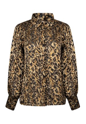 Kraagloze, langharige shirt in zwart met een gouden en beige dierenprint. Zijde-achtige textuur en ballonmouwen met aangesloten manchetten.