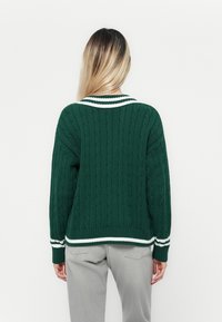Femme aux longs cheveux blonds portant un pull en maille torsadée vert foncé avec des rayures blanches, de dos contre un fond uni.