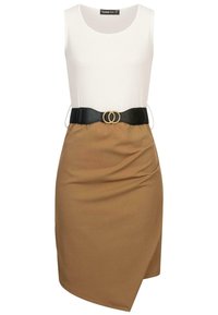 Ärmelloses Kleid mit einem weißen Oberteil und einem braunen asymmetrischen Rock. Hat einen schwarzen Gürtel mit einer goldenen Doppelschnalle. Glatte Textur.