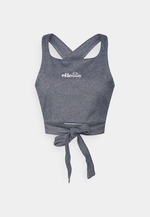 Mørkegrå racerback crop top med front knude og hvid ellesse logo på brystet.