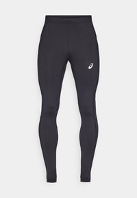 Sorte atletiske leggings lavet af strækbart, glat stof. Har et tætsiddende design og et lille hvidt logo på den øverste venstre lår.