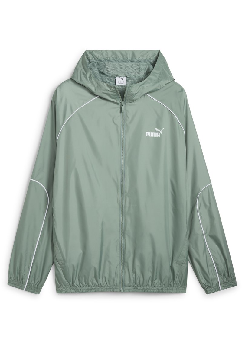 Hellgrüne Windjacke mit Kapuze, verziert mit weißen Akzenten und Paspelierungen, Frontreißverschluss und normalem Schnitt. Logo auf der Brust.