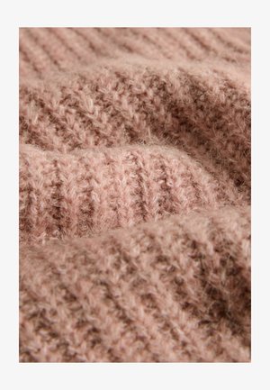 Strikket stof i blød støvet pink, med en ribbet struktur og synlige fibre. Let og smidig, ideel til hyggeligt tøj.