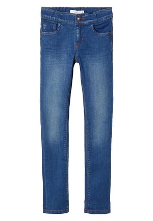 Jean skinny bleu avec poches avant, bouton en métal et effet délavé au niveau des cuisses et des genoux.