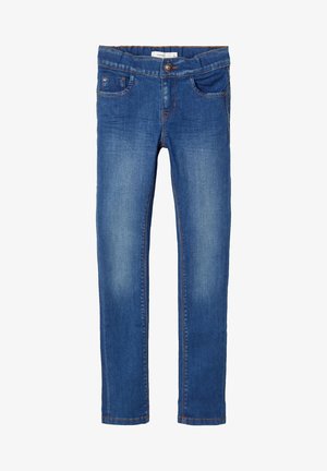 Jean skinny bleu avec poches avant, bouton en métal et effet délavé au niveau des cuisses et des genoux.