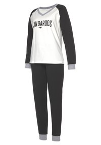 Black and white pajama set featuring a long-sleeve top with a v-neck and "Kangaroos" text, paired with black pants and grey cuffs.