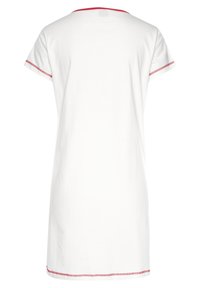 White cotton nightdress with short sleeves, red trim at neckline and sleeves, straight cut, soft texture, and knee-length design.