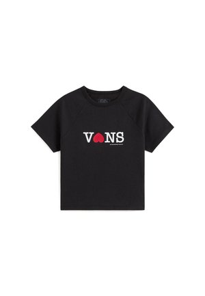 Černé tričko s krátkým rukávem vyrobené z bavlny s bílým a červeným logem "VANS" srdcem, jednoduchým kulatým výstřihem a raglánovými rukávy.