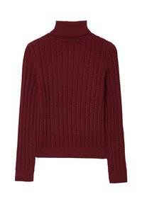 Bordeauxfarbener Kabelstrickrollkragenpullover mit langen Ärmeln und gerippten Bündchen, Saum und Kragen.