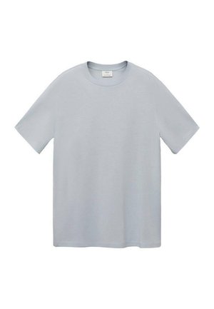 T-shirt bleu clair à manches courtes en coton, avec un col rond et une texture simple et lisse sans motifs ni accents.