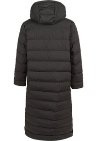 Manteau noir en duvet avec une capuche, présentant un design matelassé et une longueur ample. Le matériau semble lisse avec une finition mate et sans matériel visible.