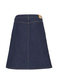 Jeanskjol i mörkblått, A-linjeformad, mellanhängig med en slät yta. Har midjeband och bakfickor, accentuerad med guldstickningar.