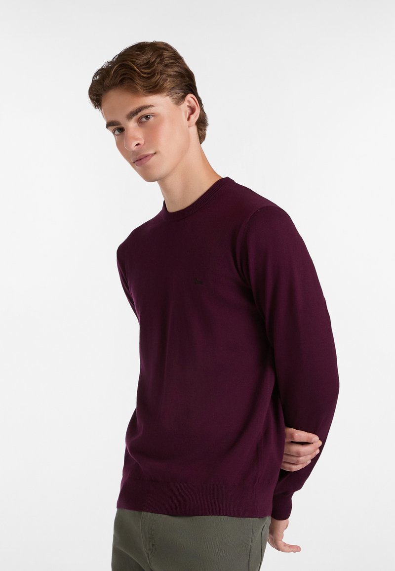 Burgunderfarbener Rundhalsausschnitt-Pullover aus weichem Stoff, mit langen Ärmeln und einem kleinen Logo auf der Brust. Glatte Textur und taillierter Schnitt.