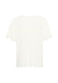 Top bianco lavorato a maglia con maniche corte a campana, righe orizzontali e un dettaglio di orlo ad ondine con accenti di motivo a traforo.