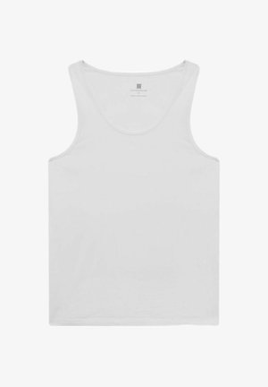 Biela tielko s okrúhlym výstrihom a bez rukávov. Vyrobené z hladkej, ľahkej tkaniny s jednoduchým dizajnom a minimálnym prešívaním.