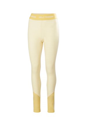 Lichtgele leggings met een brede tailleband met het logo "HELly Hansen". Zachte textuur met contrasterende gele panelen op de onderbenen.