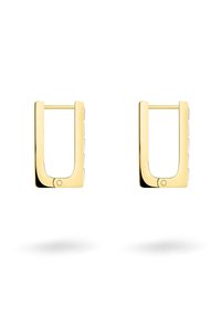 Goldene Creolen mit rechteckiger Form, glänzender Oberfläche, offenem Design und einem kleinen kreisförmigen Detail an der Basis.