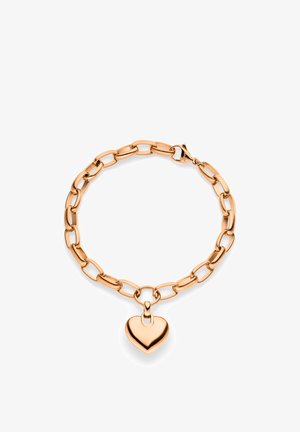 Armband van metaal met goudkleurige afwerking, voorzien van grote schakels en een hartvormige hanger. Gladde textuur met een gepolijste afwerking en een karabijnsluiting.