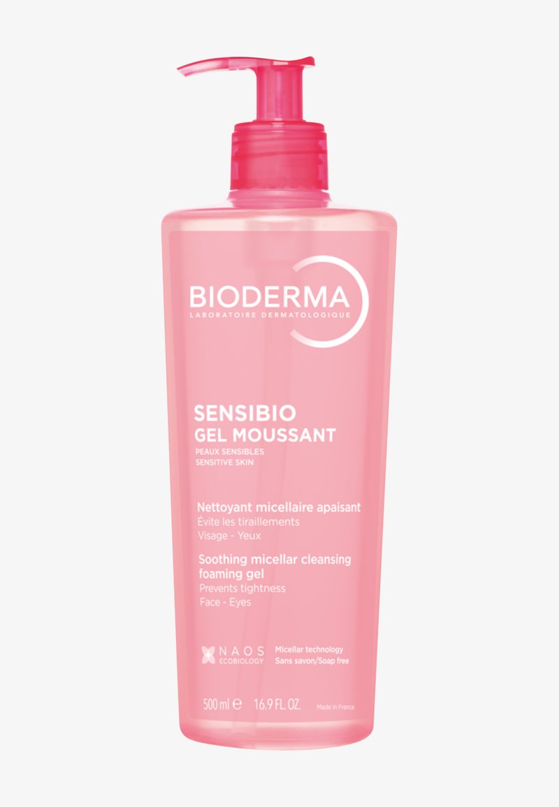 Pink pump bottle of Bioderma Sensibio Soothing Micellar Cleansing Foaming Gel for sensitive face and eyes, 500 ml, soap free.