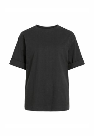 T-shirt noir en coton à manches courtes avec col rond et revers pliés aux manches, présenté sur un fond blanc.
