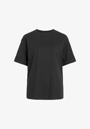 T-shirt noir en coton à manches courtes avec col rond et revers pliés aux manches, présenté sur un fond blanc.