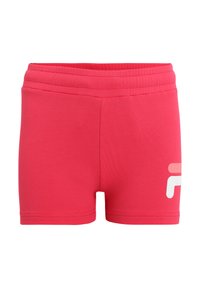 Rosa atletiska shorts gjorda av stretchigt tyg, med en bred elastisk midja och en vit logotyp tryckt på sidan.