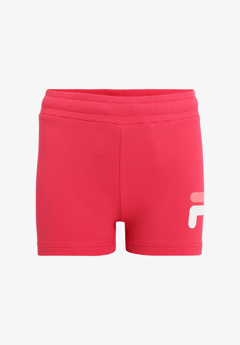 Różowe spodenki sportowe z elastycznego materiału, z szerokim elastycznym pasem i białym logo nadrukowanym z boku.
