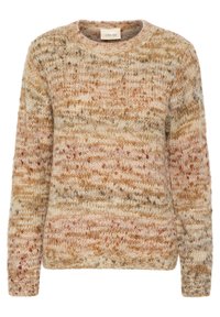 Pletený svetr v béžových a hnědých tónech s texturovaným vzorem, kulatým výstřihem a dlouhými rukávy. Štítek nese nápis "CREAM."