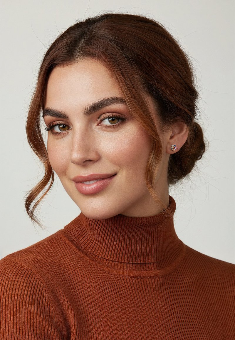 Brun ribbad polotröja med hög krage och slät textur. Modellen har stylat hår och små, färgglada örhängen.